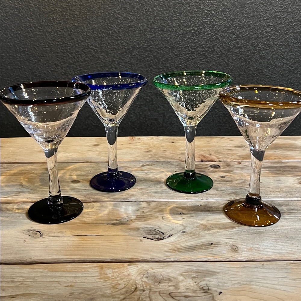 Set of Four Mexican Glass Colored Rim Martini Glasses